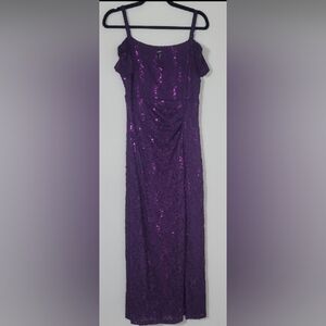 Candalite Petite Off Shoulder Formal Dress Gown Size MP Purple Sequin Maxi Lace